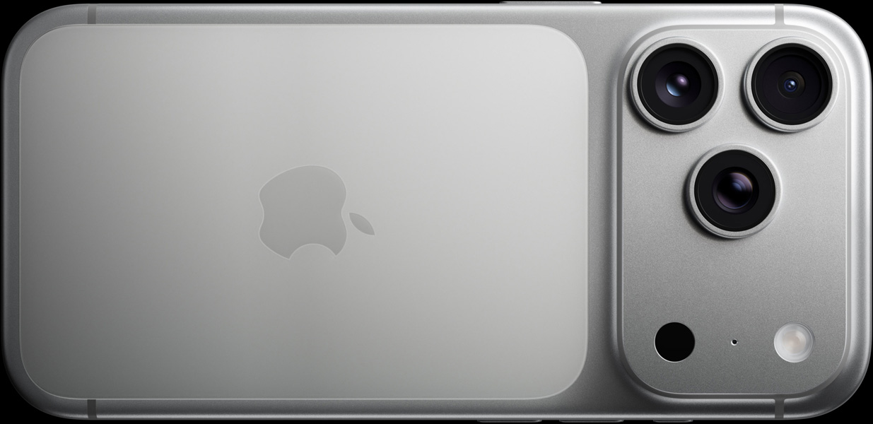 iPhone 17 Pro, silver, back exterior, Pro Fusion camera system, 3 lenses, microphone, flash