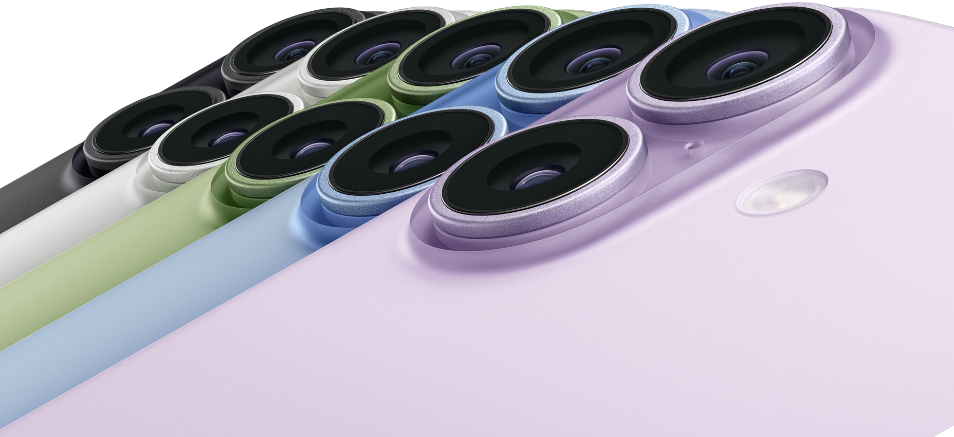 Five iPhone 17 devices, rear exterior, top left corner, Dual Fusion Camera System, colors: black, white, sage, mist blue, lavender