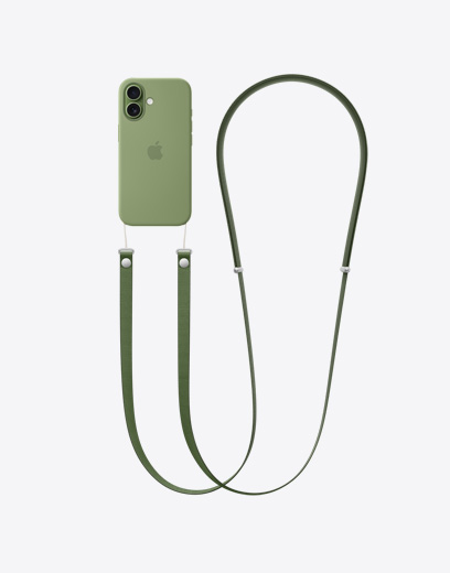 iPhone 17 hátulnézetből, rajta zsályazöld védőkeret, amihez neonsárga Crossbody pánt van csatlakoztatva