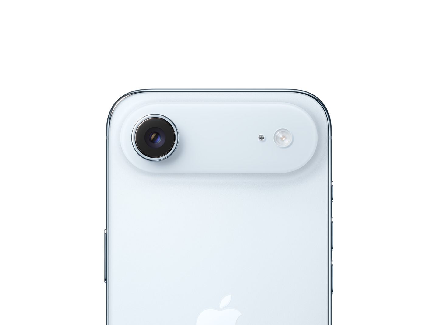 iPhone Air, face arrière, coloris bleu ciel, système caméra principale Fusion dans le plateau au sommet