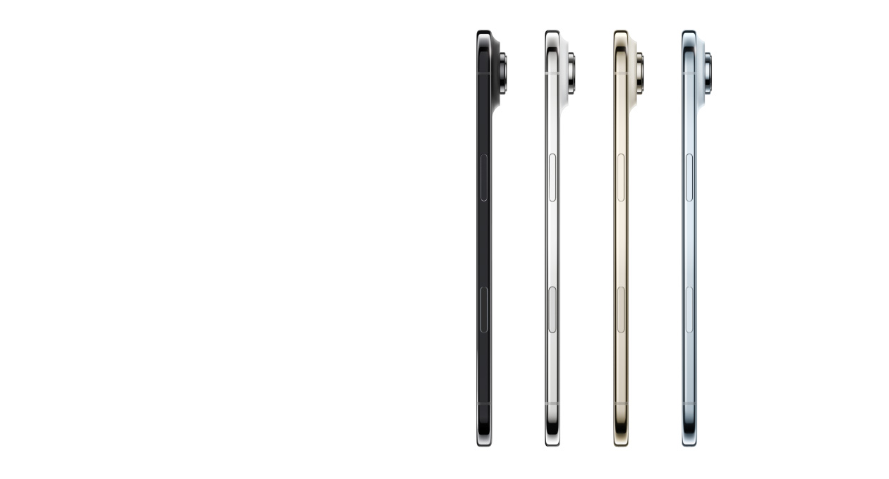 iPhone Air vist fra siden i farverne: himmelblå, lyst guld, skyhvid og space black med meget tynd profil, Fusion-kamerasystem, knapper: sideknap, Kamerabetjening