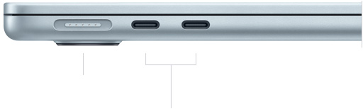Widoczny z lewej strony zamknięty MacBook Air ukazujący MagSafe i dwa porty Thunderbolt