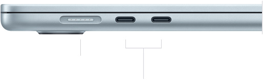 Widoczny z lewej strony zamknięty MacBook Air ukazujący MagSafe i dwa porty Thunderbolt