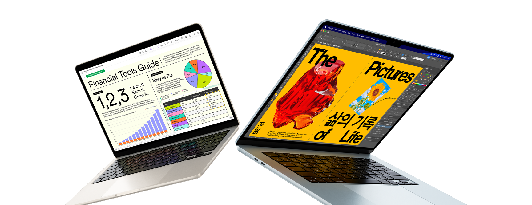 13" og 15" MacBook Air. Den ene skærm viser arbejde i Numbers, den anden viser et designprojekt