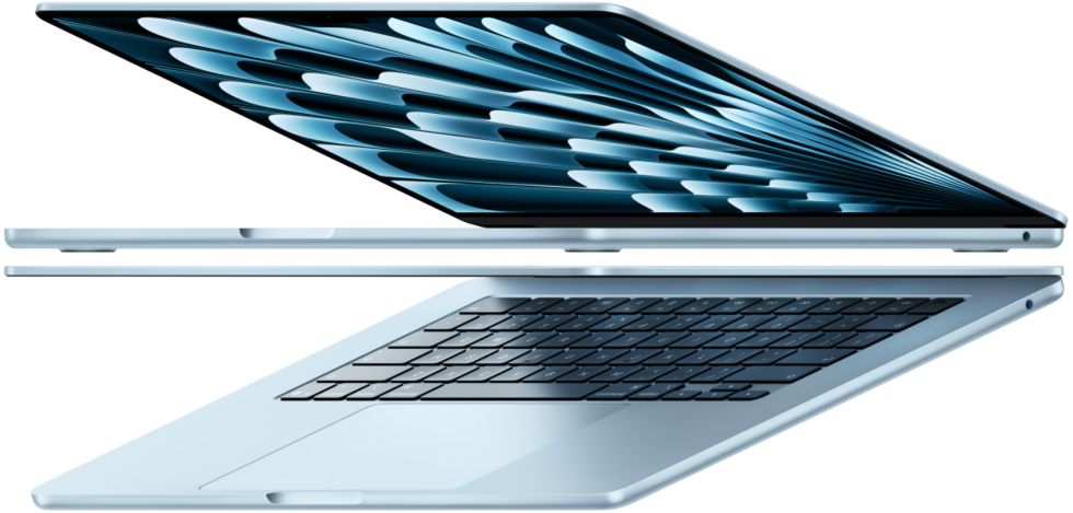 To åbne MacBook Air-modeller i farven himmelblå danner en pileform, der viser den tynde profil