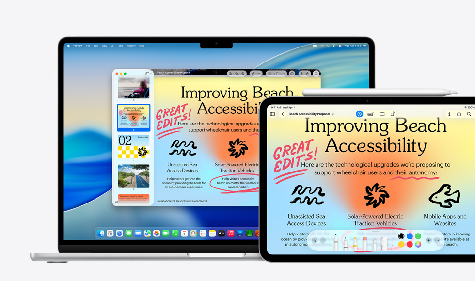 多部 Apple 裝置，各裝置的螢幕均顯示相同影像；iPad 上的影像使用了 Apple Pencil 來標記，而所做的標記同時在其他裝置上顯示