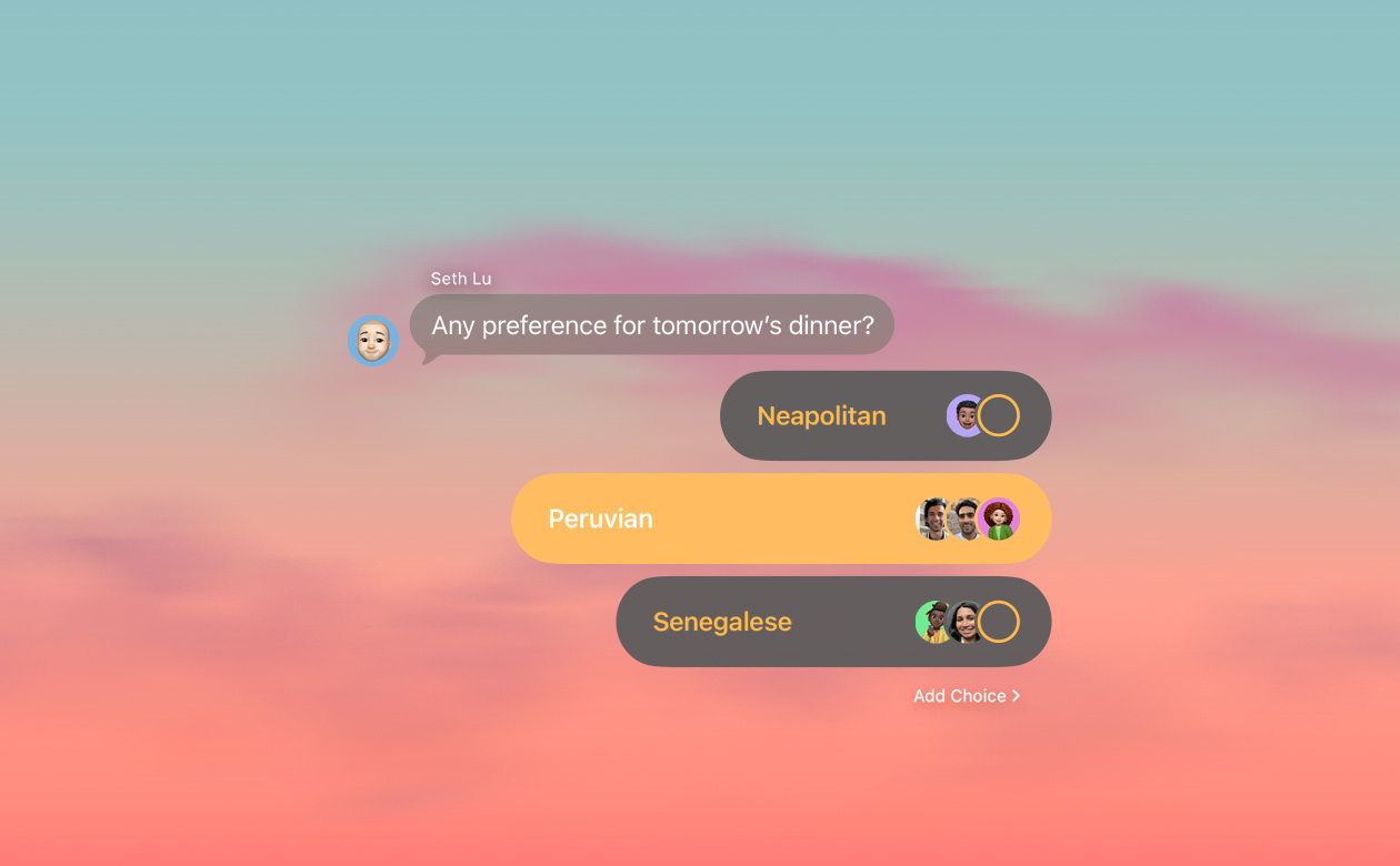 Funktionen für Umfragen und Hintergründe in Nachrichten mit Personen im Gruppenchat, die darüber abstimmen, was sie zum Abendessen möchten