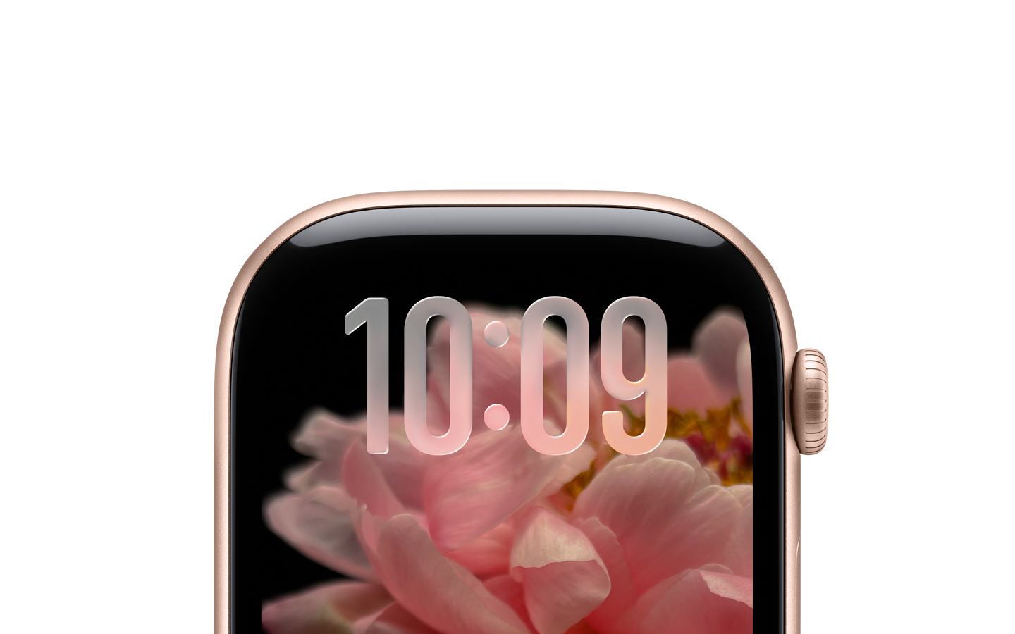 バンドを付けていないローズゴールドのApple Watch。画面の上半分のみが見えていて、その上部に時刻を示す半透明なLiquid Glassの数字が表示されている