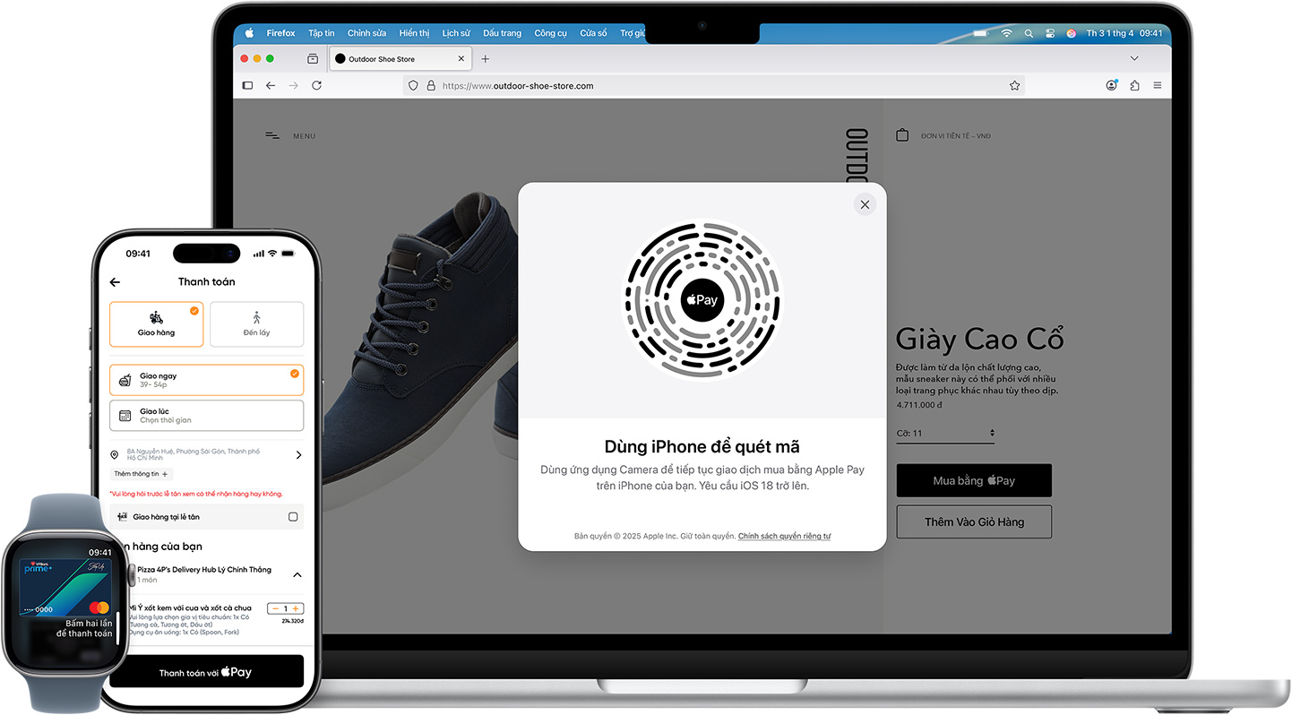 An Apple Watch, an iPhone, and a MacBook all side by side. The Apple Watch shows an American Express credit card. The iPhone shows an Etsy product page with a candle and the option to pay with Apple Pay. The MacBook displays a product page on the Outdoor Shoe Store website and an Apple Pay overlay with a QR code prompting the payer to use their iPhone to continue their purchase.